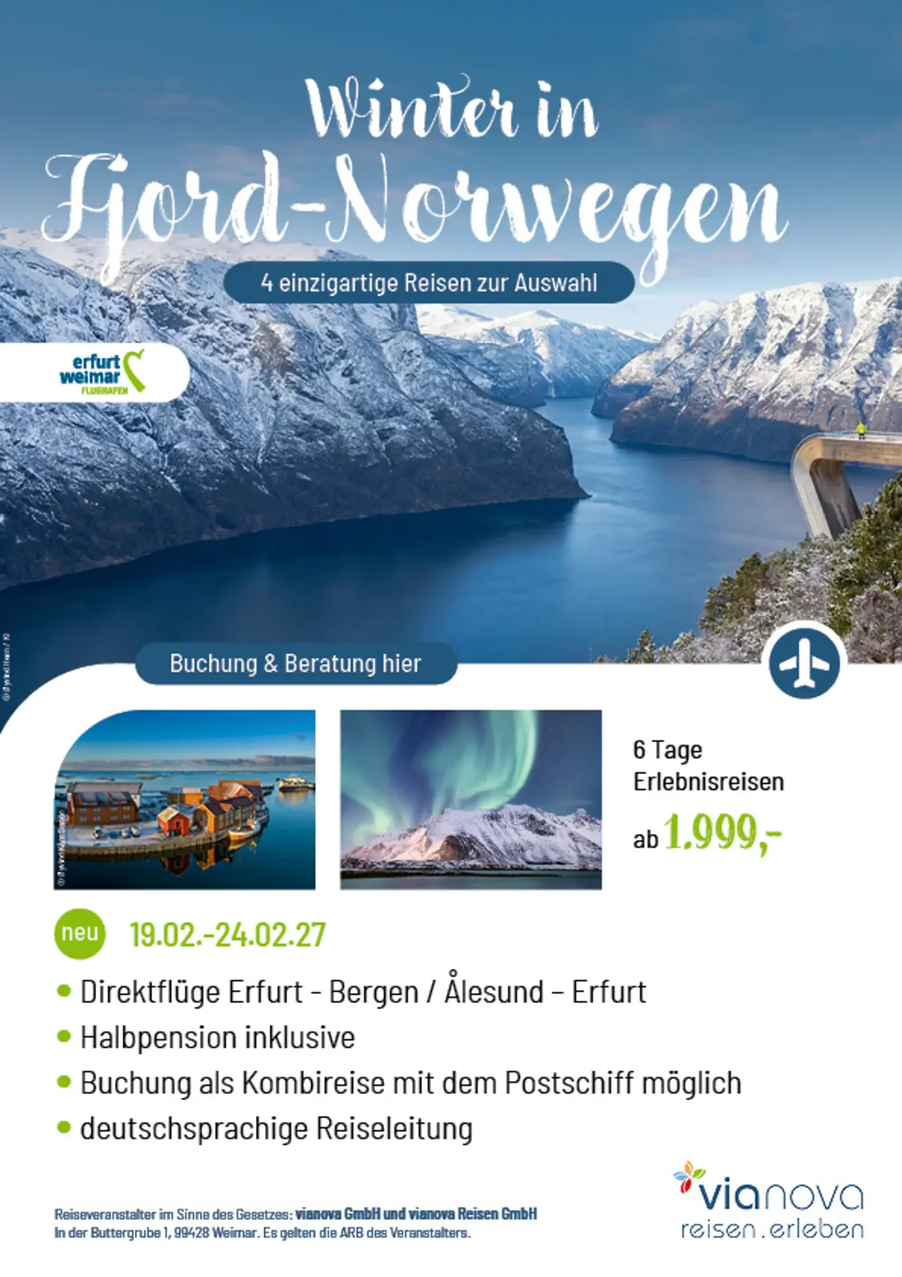 Aurlandsfjord, Häuser Südnorwegen, Polarlichter Winterreise 2027 ab Erfurt