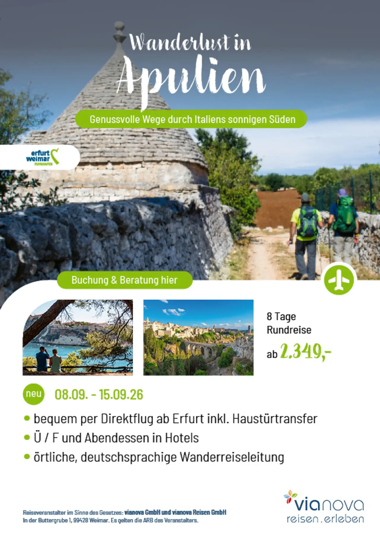 Wandern Apulien direkt ab Erfurt Trulli Meer Sonne