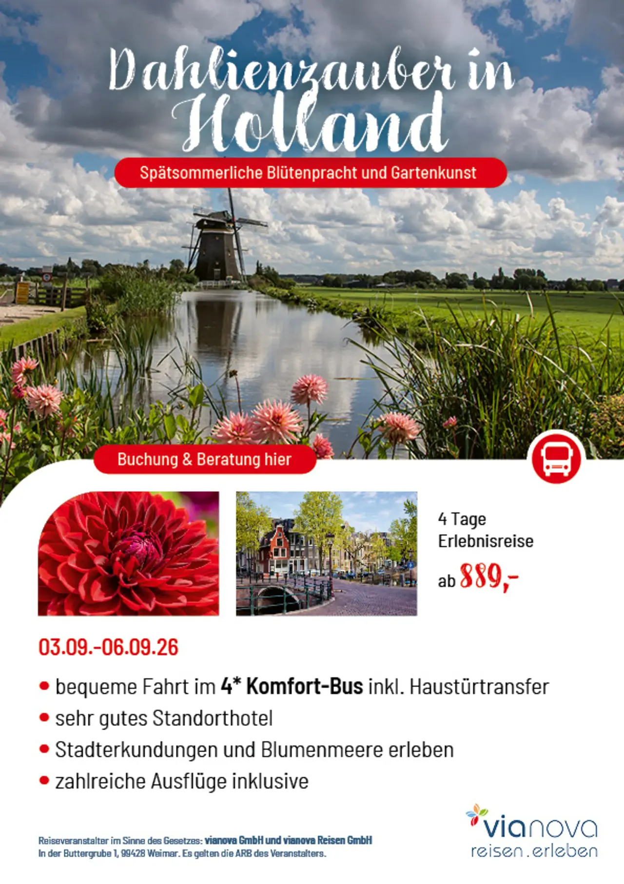 Windmühle in Niederlanden, Dahlien, Amsterdam, Flyer Reise