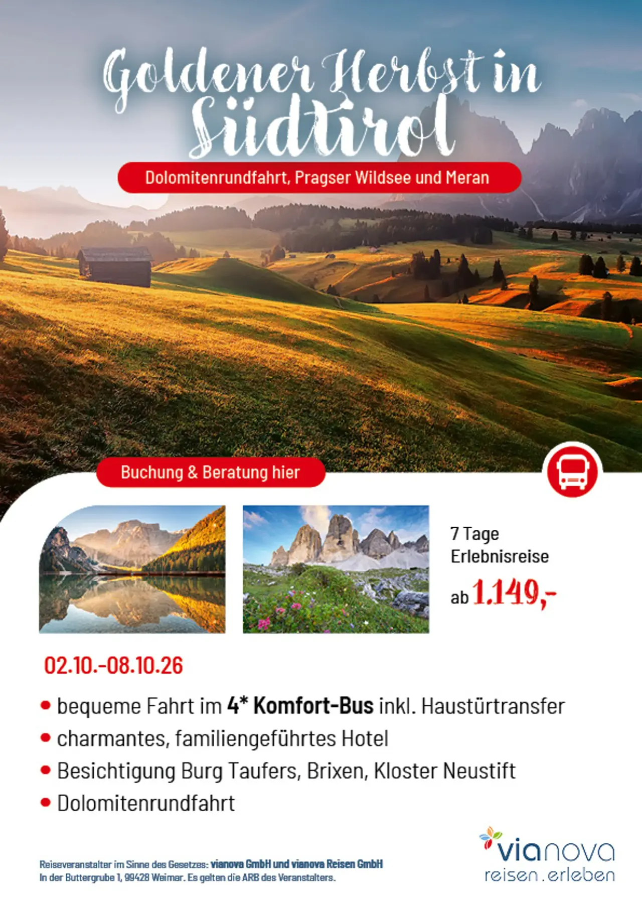 Dolomiten, Pragser Wildsee, Seiser Alm, Herbst Flyer Reise