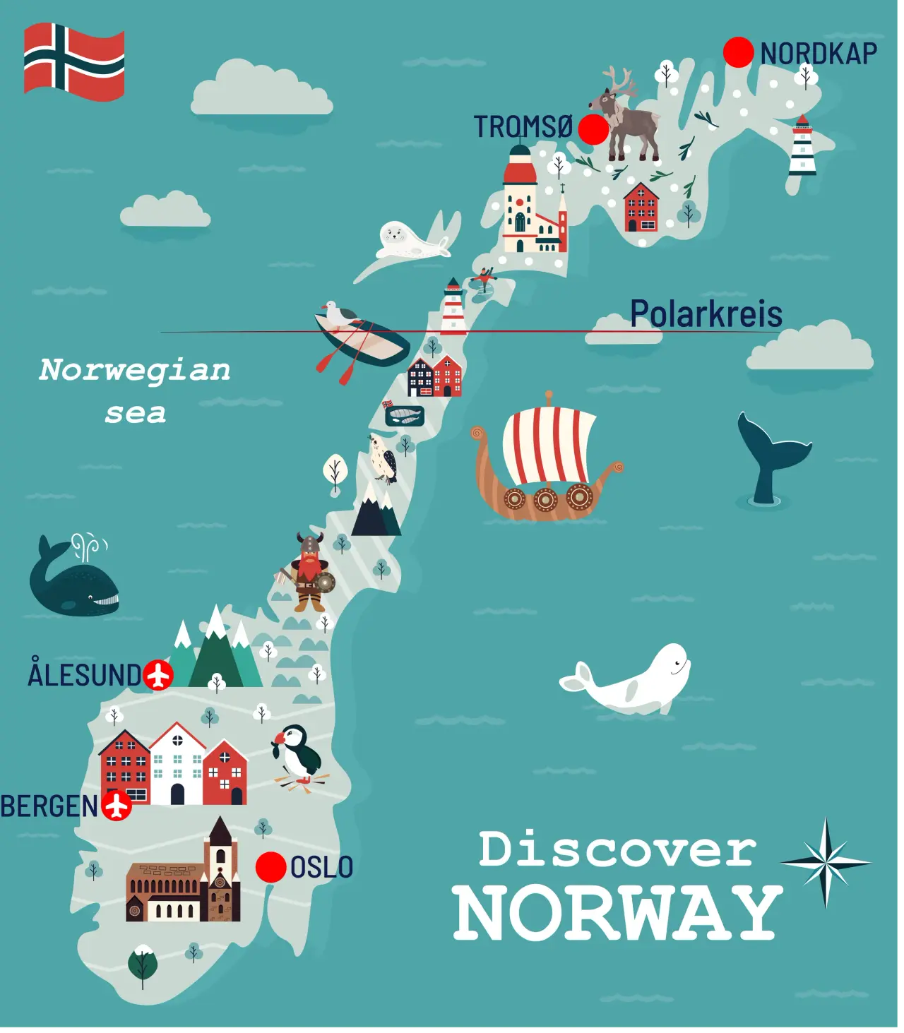 illustrierte Karte von Norwegen mit Destinationen
