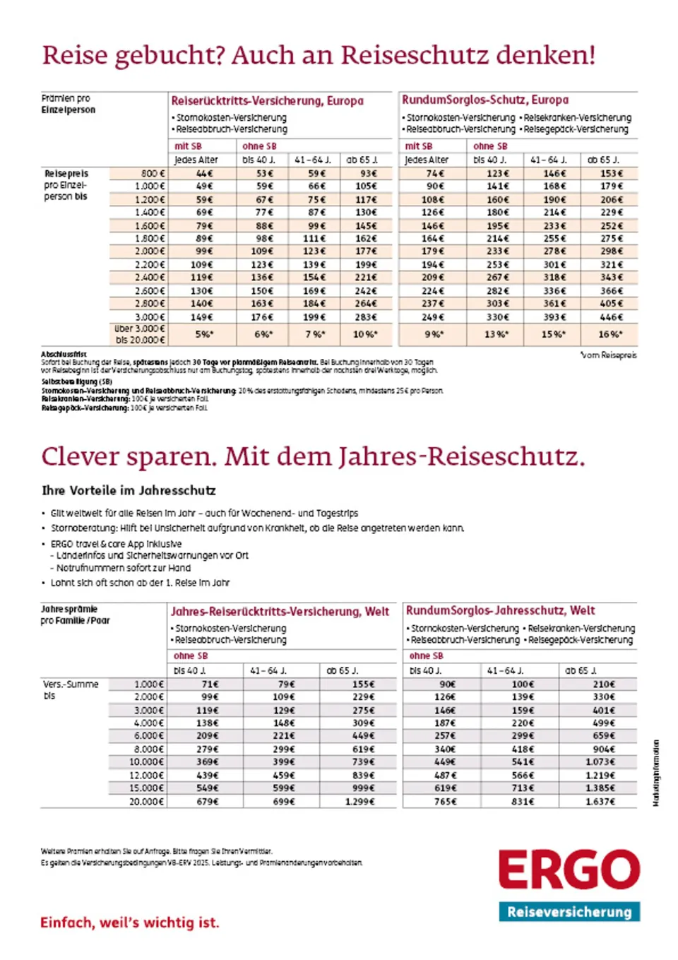 ERGO Tarife Reiseschutz Übersicht A4 Dokument